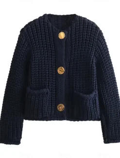 Women's Cardigan Fashion Streetwear Daily Solid Color Chunky Crew Neck Knitted Long Sleeve Cropped Knit Work Going out White Red Fall Winter