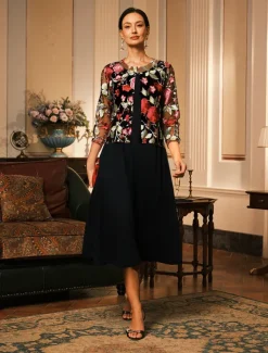 Women's Cardigan Lace Embroidered Elegant Basic Casual Floral Formal Short Crewneck Loose Fit 3/4 Length Sleeve Outerwear Navy Blue Summer Spring