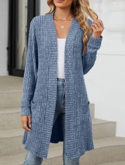 Women's Cardigan Open Front Knit Pocket Spring Fall Regular Daily Daily Long Sleeve Solid Color