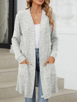 Women's Cardigan Open Front Knit Pocket Spring Fall Regular Daily Daily Long Sleeve Solid Color