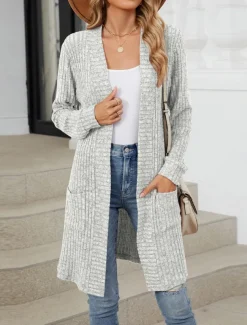 Women's Cardigan Open Front Knit Pocket Spring Fall Regular Daily Daily Long Sleeve Solid Color