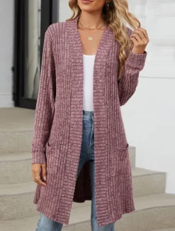 Women's Cardigan Open Front Knit Pocket Spring Fall Regular Daily Daily Long Sleeve Solid Color