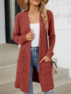 Women's Cardigan Open Front Knit Pocket Spring Fall Regular Daily Daily Long Sleeve Solid Color