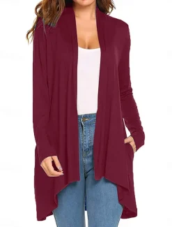 Women's Cardigan Sweater Cardigan Stylish Casual Soft Solid Color Ribbed Open Front Pocket Long Sleeve Long Tops Knit Outdoor Daily Weekend Black White Summer Fall