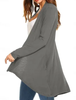 Women's Cardigan Sweater Cardigan Stylish Casual Soft Solid Color Ribbed Open Front Pocket Long Sleeve Long Tops Knit Outdoor Daily Weekend Black White Summer Fall