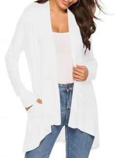 Women's Cardigan Sweater Cardigan Stylish Casual Soft Solid Color Ribbed Open Front Pocket Long Sleeve Long Tops Knit Outdoor Daily Weekend Black White Summer Fall