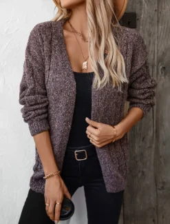 Women's Cardigan Sweater Jacket Fashion Streetwear Soft Solid Color Open Front Buttons Knitted Long Sleeve Regular Tops Knit Work Camel Purple Fall Winter