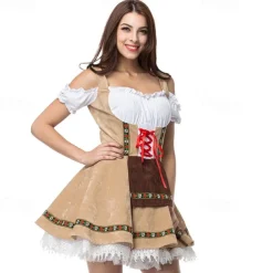 Women's Carnival Oktoberfest Dirndl Beer Costume with Shirt and Apron Bavarian Wiesn Traditional Style
