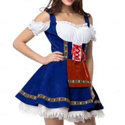 Women's Carnival Oktoberfest Dirndl Beer Costume with Shirt and Apron Bavarian Wiesn Traditional Style