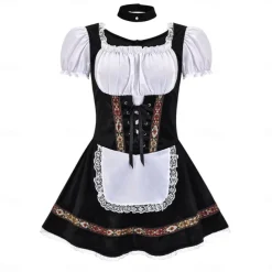 Women's Carnival Oktoberfest Dirndl Beer Costume with Shirt and Apron Bavarian Wiesn Traditional Style