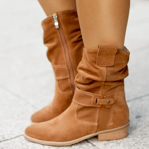 Women's Casual Beige Faux Suede Slouchy Ankle Boots with Buckle Detail - Perfect for Everyday Wear, Autumn Outings, and Casual Gatherings