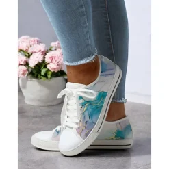 Women's Casual Canvas Sneakers - Stylish Watercolor Marble Print, Lace-Up Low-Top Tennis Shoes for Everyday Wear, Walking & Travel