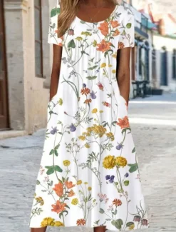 Women's Casual Dress A Line Dress Summer Dress Streetwear A Line Vacation Street Holiday Loose Fit Short Sleeve Crew Neck White Yellow Red Blue Summer