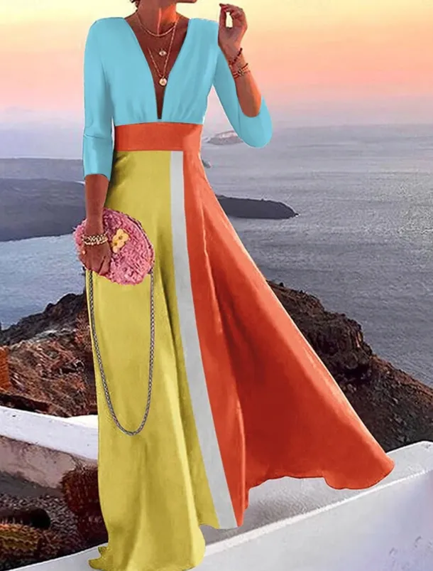 Women's Casual Dress Color Block Patchwork V Neck Maxi long Dress Casual Daily 3/4 Length Sleeve Summer Spring