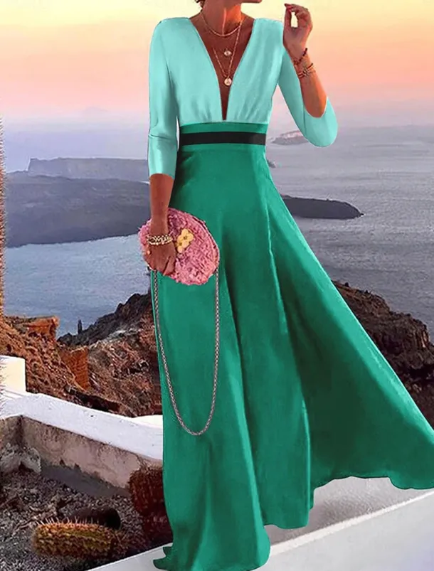 Women's Casual Dress Color Block Patchwork V Neck Maxi long Dress Casual Daily 3/4 Length Sleeve Summer Spring