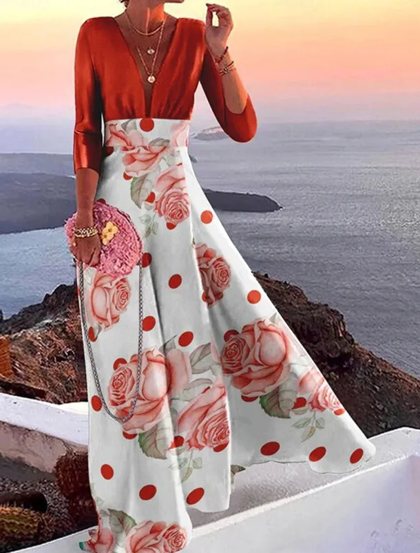 Women's Casual Dress Color Block Patchwork V Neck Maxi long Dress Casual Daily 3/4 Length Sleeve Summer Spring