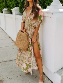 Women's Casual Dress Floral Split Print V Neck Long Dress Maxi Dress Vacation Short Sleeve Summer