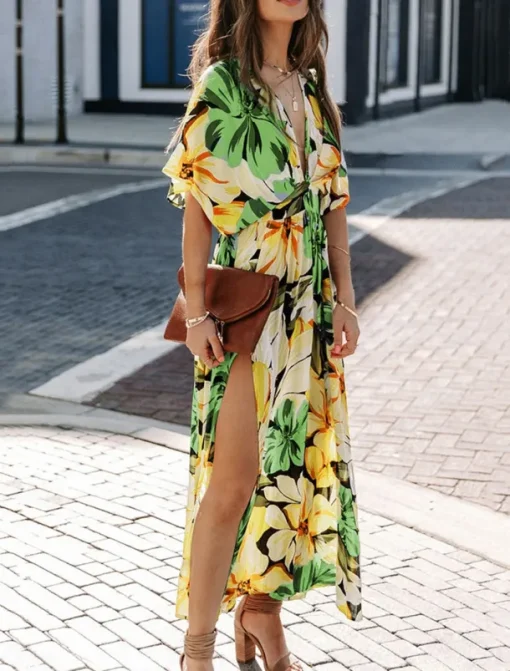 Women's Casual Dress Floral Split Print V Neck Long Dress Maxi Dress Vacation Short Sleeve Summer