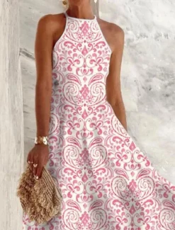 Women's Casual Dress Floral Print Crew Neck Maxi long Dress Casual Daily Vacation Sleeveless Summer Spring