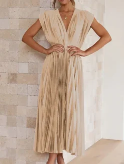 Women's Casual Dress Maxi Dress Ruched Casual V Neck Sleeveless Black Champagne Fuchsia Color