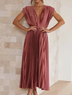 Women's Casual Dress Maxi Dress Ruched Casual V Neck Sleeveless Black Champagne Fuchsia Color