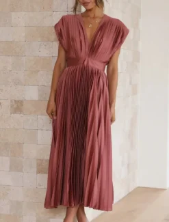 Women's Casual Dress Maxi Dress Ruched Casual V Neck Sleeveless Black Champagne Fuchsia Color