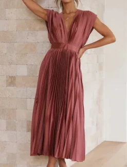 Women's Casual Dress Maxi Dress Ruched Casual V Neck Sleeveless Black Champagne Fuchsia Color