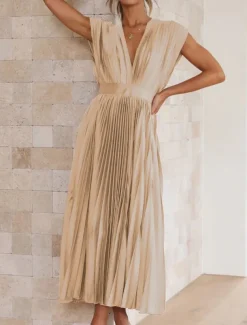 Women's Casual Dress Maxi Dress Ruched Casual V Neck Sleeveless Black Champagne Fuchsia Color