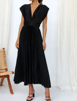 Women's Casual Dress Maxi Dress Ruched Casual V Neck Sleeveless Black Champagne Fuchsia Color