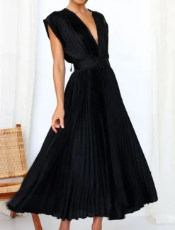 Women's Casual Dress Maxi Dress Ruched Casual V Neck Sleeveless Black Champagne Fuchsia Color