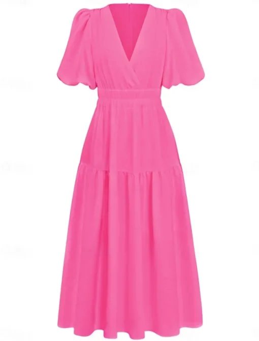 Women's Casual Dress Maxi Dress Ruched Casual V Neck Short Sleeve Black White Fuchsia Color