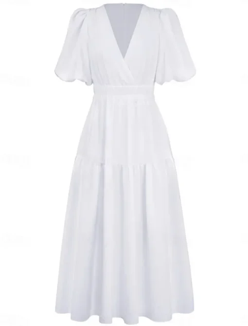 Women's Casual Dress Maxi Dress Ruched Casual V Neck Short Sleeve Black White Fuchsia Color