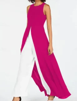 Women's Casual Dress Maxi Dress Patchwork Elegant Crew Neck Black Rose Red Color