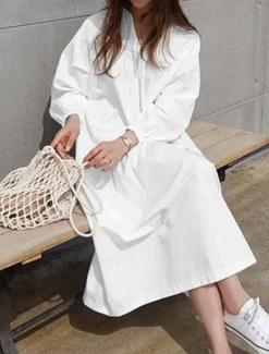 Women's Casual Dress Maxi Dress Ruffle Hem Casual Split Neck Long Sleeve Black White Khaki Color