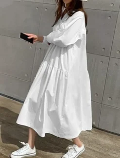 Women's Casual Dress Maxi Dress Ruffle Hem Casual Split Neck Long Sleeve Black White Khaki Color