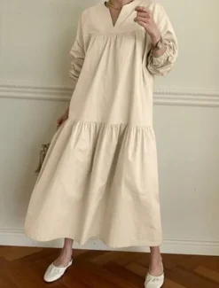 Women's Casual Dress Maxi Dress Ruffle Hem Casual Split Neck Long Sleeve Black White Khaki Color