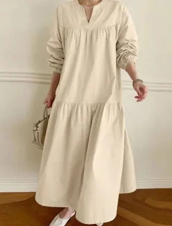 Women's Casual Dress Maxi Dress Ruffle Hem Casual Split Neck Long Sleeve Black White Khaki Color