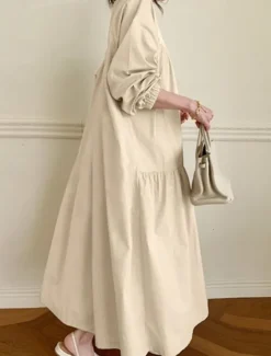Women's Casual Dress Maxi Dress Ruffle Hem Casual Split Neck Long Sleeve Black White Khaki Color