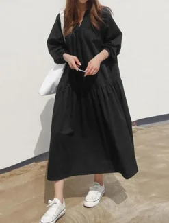 Women's Casual Dress Maxi Dress Ruffle Hem Casual Split Neck Long Sleeve Black White Khaki Color
