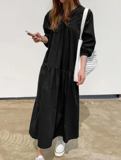 Women's Casual Dress Maxi Dress Ruffle Hem Casual Split Neck Long Sleeve Black White Khaki Color