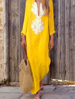 Women's Casual Dress Maxi Dress Print Basic Casual Daily Vacation V Neck Long Sleeve Summer Spring Fall Yellow Sky Blue Flower
