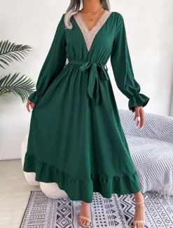 Women's Casual Dress Midi Dress Patchwork With Belt Casual V Neck Long Sleeve Black Wine Green Color
