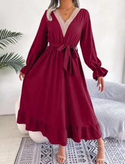 Women's Casual Dress Midi Dress Patchwork With Belt Casual V Neck Long Sleeve Black Wine Green Color