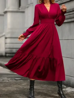 Women's Casual Dress Midi Dress Ruffle Casual V Neck Long Sleeve Black Wine Khaki Color