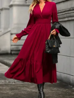 Women's Casual Dress Midi Dress Ruffle Casual V Neck Long Sleeve Black Wine Khaki Color