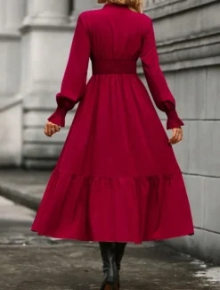 Women's Casual Dress Midi Dress Ruffle Casual V Neck Long Sleeve Black Wine Khaki Color