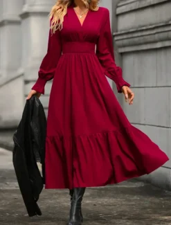 Women's Casual Dress Midi Dress Ruffle Casual V Neck Long Sleeve Black Wine Khaki Color