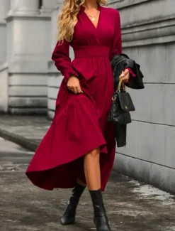Women's Casual Dress Midi Dress Ruffle Casual V Neck Long Sleeve Black Wine Khaki Color