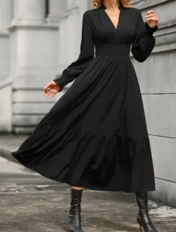 Women's Casual Dress Midi Dress Ruffle Casual V Neck Long Sleeve Black Wine Khaki Color