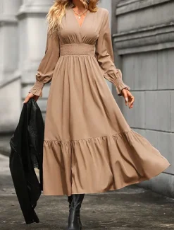 Women's Casual Dress Midi Dress Ruffle Casual V Neck Long Sleeve Black Wine Khaki Color